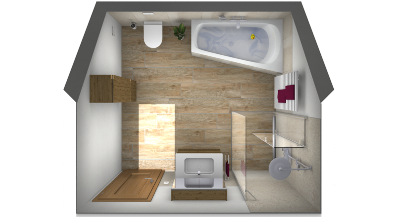3D-Badplanung in Draufsicht mit Holzoptik-Fliesen, bodengleicher Dusche mit Glasabtrennung, Badewanne und stilvollen Holzelementen für ein modernes Design.