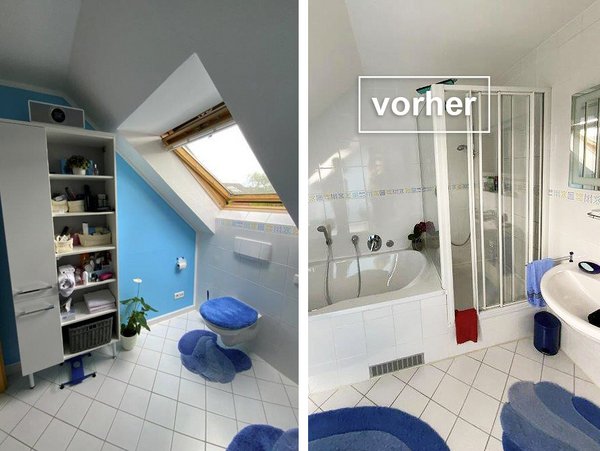 Badezimmer vor der Renovierung mit Dachschräge, blauen Wänden, weißer Fliesengestaltung und einer Dusche mit Falttür neben der Badewanne.