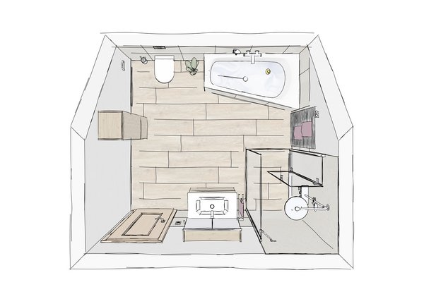 Kreative Badezimmerplanung als Draufsicht mit Badewanne, bodengleicher Dusche und warmen Holztönen für ein harmonisches Design.