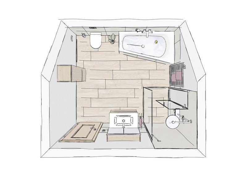 Kreative Badezimmerplanung als Draufsicht mit Badewanne, bodengleicher Dusche und warmen Holztönen für ein harmonisches Design.