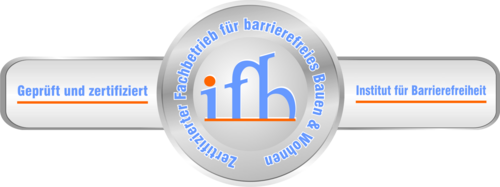 Kreisförmiges Logo mit „ifh“ in der Mitte. Ringsherum Text: „Zertifizierter Fachbetrieb für barrierefreies Bauen & Wohnen“ und „Geprüft und zertifiziert“ mit „Institut für Barrierefreiheit“ auf einem Band.